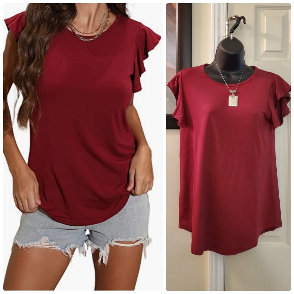 Ruffled Sleeve Curved Hemline Top